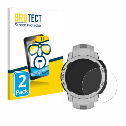 Front side of a product packaging with the brand logo BROTECT. Next to it is the device Garmin Instinct 2S Solar (40 mm) shown