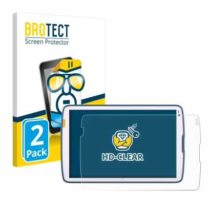 Front side of a product packaging with the brand logo BROTECT. Next to it is the device Zebra ET40 10.1" shown with the corres