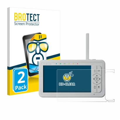 Front side of a product packaging with the brand logo BROTECT. Next to it is the device Babysense HD S2 5" shown with the corr