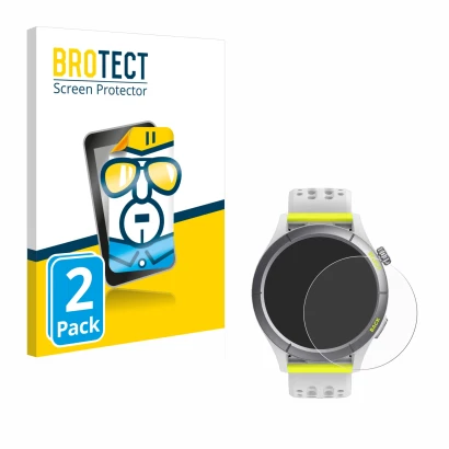 Front side of a product packaging with the brand logo BROTECT. Next to it is the device Huami Amazfit Cheetah shown with the c