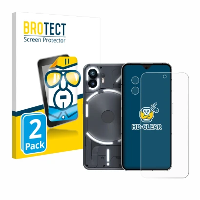 Front side of a product packaging with the brand logo BROTECT. Next to it is the device Nothing Phone (2) (Front+Camera) shown