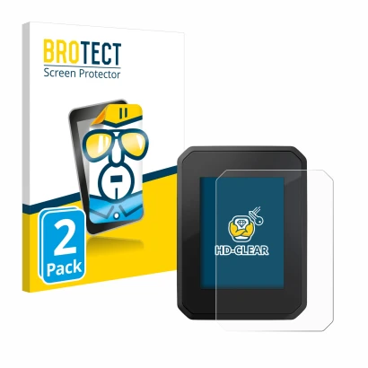 Front side of a product packaging with the brand logo BROTECT. Next to it is the device FIT Display Compact shown with the cor