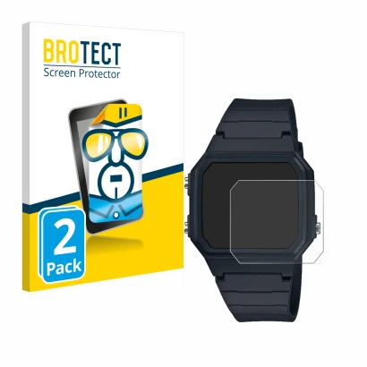 Front side of a product packaging with the brand logo BROTECT. Next to it is the device Casio W-217H-1AVCF shown with the corr