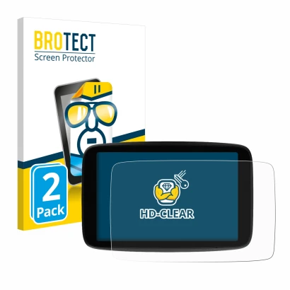 Front side of a product packaging with the brand logo BROTECT. Next to it is the device TomTom GO Expert Plus 7" shown with th