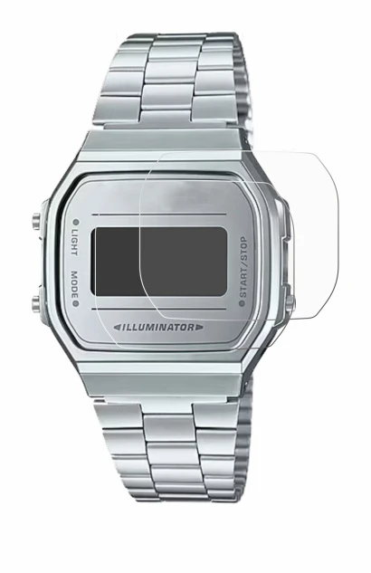 Image of the device Casio A168WEM-7EF with a wide variety of screen protectors.
