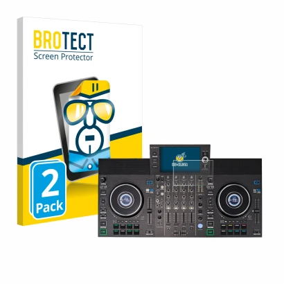 Front side of a product packaging with the brand logo BROTECT. Next to it is the device Denon DJ SC LIVE 4 shown with the corr