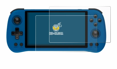 Image of the device Powkiddy X55 with a wide variety of screen protectors.