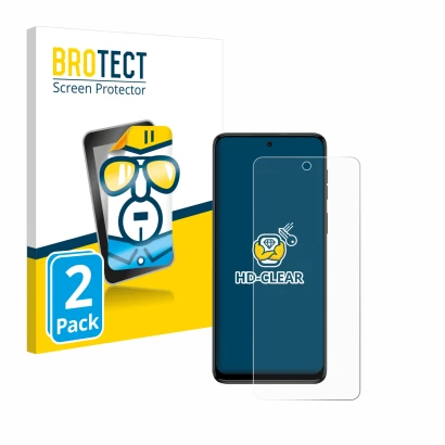 Front side of a product packaging with the brand logo BROTECT. Next to it is the device Motorola Moto G54 shown with the corre