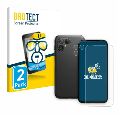 Front side of a product packaging with the brand logo BROTECT. Next to it is the device Fairphone 5 (Front+Camera) shown with 