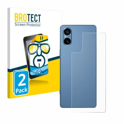 Front side of a product packaging with the brand logo BROTECT. Next to it is the device Sony Xperia 5 V (Back) shown with the