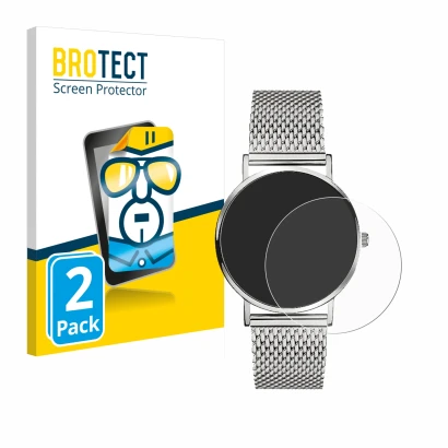 Front side of a product packaging with the brand logo BROTECT. Next to it is the device Liebeskind New Case Mesh (34 mm) shown