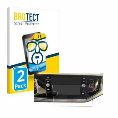 Front side of a product packaging with the brand logo BROTECT. Next to it is the device Volkswagen Polo VI Ready 2 Discover 8"