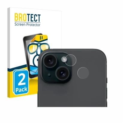 Front side of a product packaging with the brand logo BROTECT. Next to it is the device Apple iPhone 15 (ONLY Camera Lens) sho