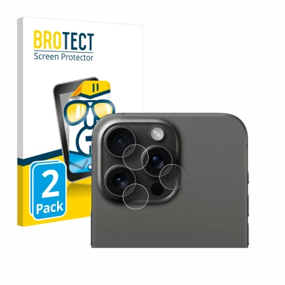 Front side of a product packaging with the brand logo BROTECT. Next to it is the device Apple iPhone 15 Pro Max (ONLY Camera L