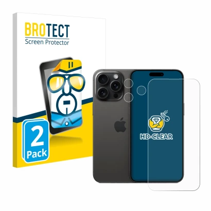 Front side of a product packaging with the brand logo BROTECT. Next to it is the device Apple iPhone 15 Pro Max (Front+Camera)