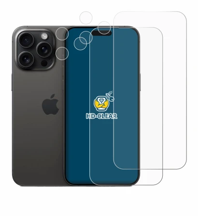 Image of the device Apple iPhone 15 Pro Max (Front+Camera) with a wide variety of screen protectors.