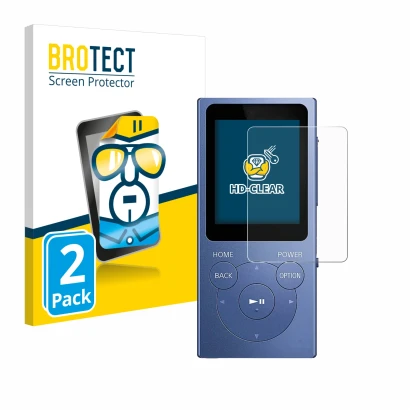 Front side of a product packaging with the brand logo BROTECT. Next to it is the device Sony Walkman NW-E394 shown with the co