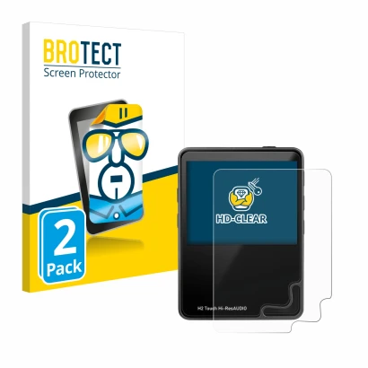 Front side of a product packaging with the brand logo BROTECT. Next to it is the device HifiWalker H2 touch shown with the cor