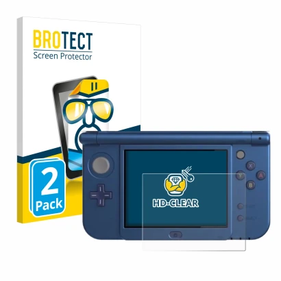 Front side of a product packaging with the brand logo BROTECT. Next to it is the device Nintendo New 3DS XL (Lower display) sh