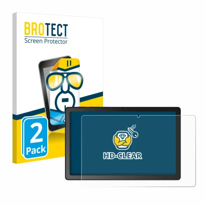 Front side of a product packaging with the brand logo BROTECT. Next to it is the device Telekom T Tablet shown with the corres
