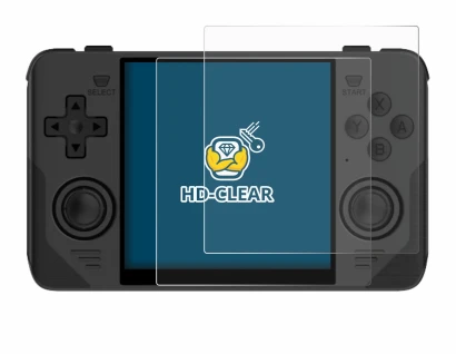 Image of the device Powkiddy RGB30 with a wide variety of screen protectors.