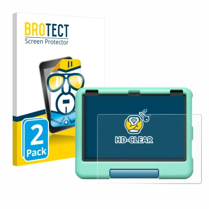 Front side of a product packaging with the brand logo BROTECT. Next to it is the device Amazon Fire HD 10 Kids 2023 shown with