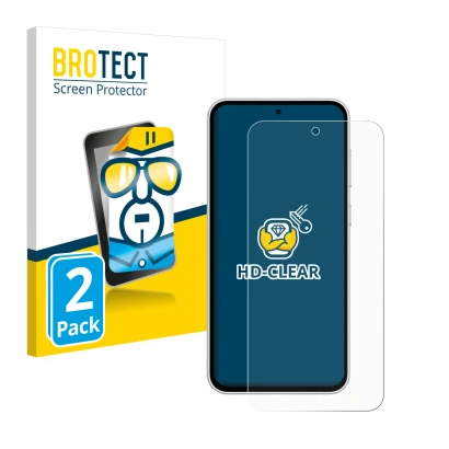 Front side of a product packaging with the brand logo BROTECT. Next to it is the device Samsung Galaxy S23 FE shown with the c