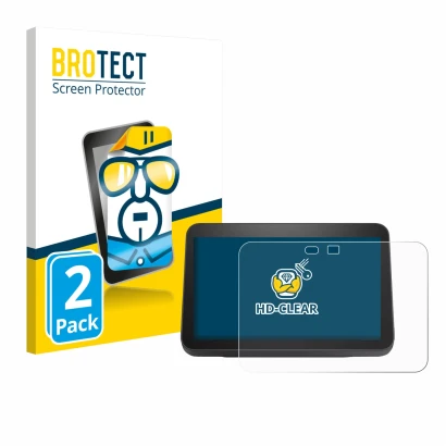Front side of a product packaging with the brand logo BROTECT. Next to it is the device Amazon Echo Show 8 2023 (3th Gen.) sho
