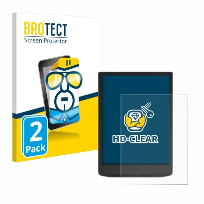 Front side of a product packaging with the brand logo BROTECT. Next to it is the device PocketBook InkPad Color 3 shown with t
