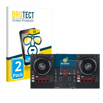 Front side of a product packaging with the brand logo BROTECT. Next to it is the device Numark Mixstream Pro+ shown with the c