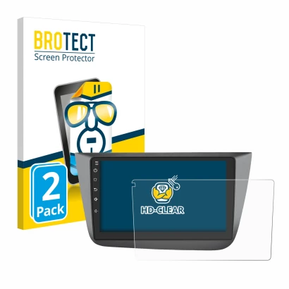 Front side of a product packaging with the brand logo BROTECT. Next to it is the device Topway Android CarPlay (9") shown with