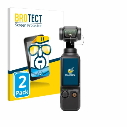 Front side of a product packaging with the brand logo BROTECT. Next to it is the device DJI Osmo Pocket 3 (Lens) shown with th
