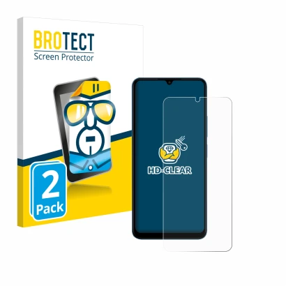 Front side of a product packaging with the brand logo BROTECT. Next to it is the device Xiaomi Redmi 13C shown with the corres