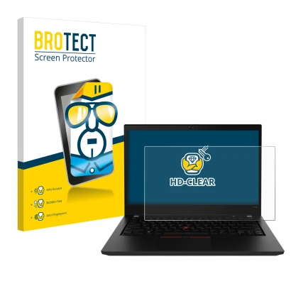 Front side of a product packaging with the brand logo BROTECT. Next to it is the device Lenovo ThinkPad P14s Gen 2 shown with