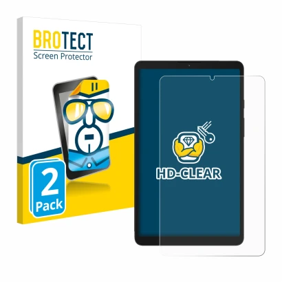 Front side of a product packaging with the brand logo BROTECT. Next to it is the device Samsung Galaxy Tab A9 LTE shown with t