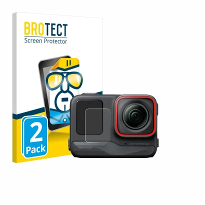 Front side of a product packaging with the brand logo BROTECT. Next to it is the device Insta360 Ace Pro (Front display) shown