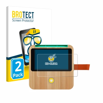 Front side of a product packaging with the brand logo BROTECT. Next to it is the device tigerbox Touch Plus shown with the cor