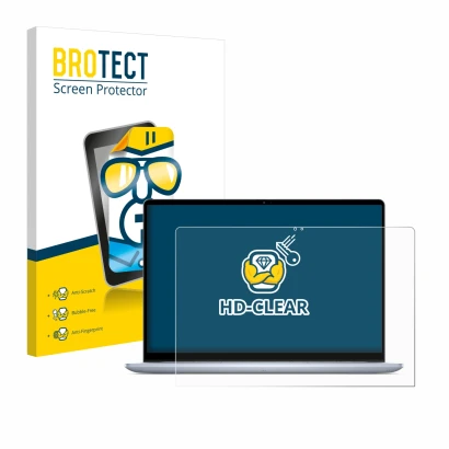 Front side of a product packaging with the brand logo BROTECT. Next to it is the device Dell Inspiron 16 7640 2-in-1 shown wit