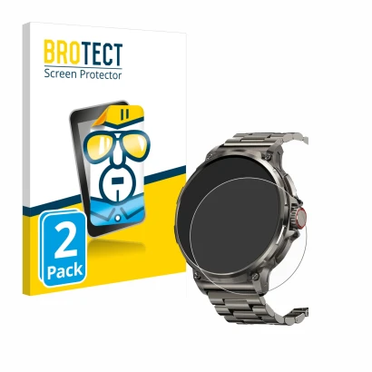 Front side of a product packaging with the brand logo BROTECT. Next to it is the device Tesofit Smartwatch 1.85" (round) shown