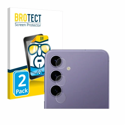 Front side of a product packaging with the brand logo BROTECT. Next to it is the device Samsung Galaxy S24 (ONLY Camera Lens) 