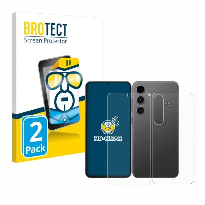 Front side of a product packaging with the brand logo BROTECT. Next to it is the device Samsung Galaxy S24 (Front+Back) shown 