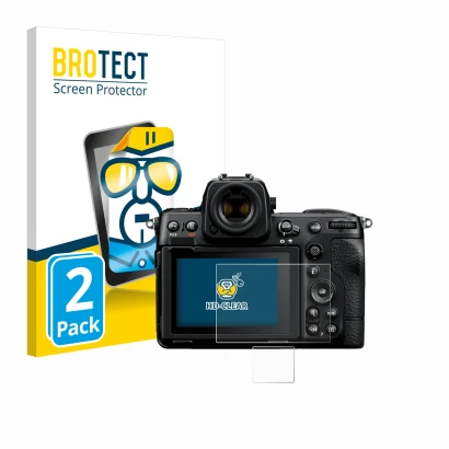 Front side of a product packaging with the brand logo BROTECT. Next to it is the device Nikon Z 8 (Display + top plate display