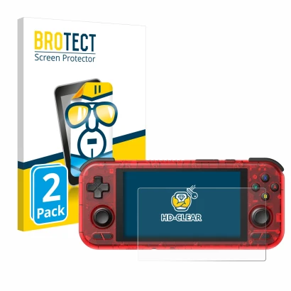 Front side of a product packaging with the brand logo BROTECT. Next to it is the device Retroid Pocket 4 Pro shown with the co