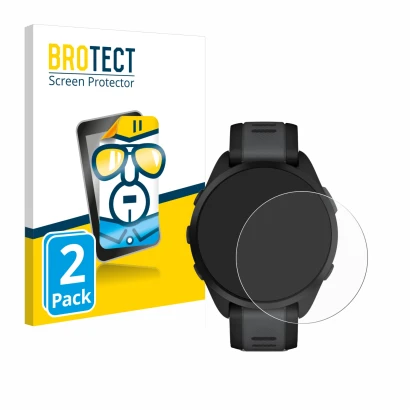 Front side of a product packaging with the brand logo BROTECT. Next to it is the device Garmin Forerunner 165 shown with the c