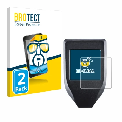 Front side of a product packaging with the brand logo BROTECT. Next to it is the device Trezor Model T shown with the correspo