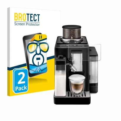 Front side of a product packaging with the brand logo BROTECT. Next to it is the device DeLonghi Rivelia shown with the corres