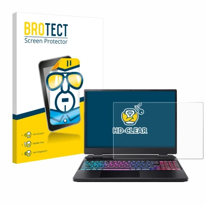 Front side of a product packaging with the brand logo BROTECT. Next to it is the device Acer Predator Helios Neo 16 shown with