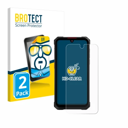 Front side of a product packaging with the brand logo BROTECT. Next to it is the device Hotwav Cyber 9 Pro shown with the corr