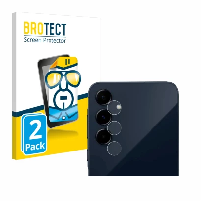 Front side of a product packaging with the brand logo BROTECT. Next to it is the device Samsung Galaxy A35 5G (ONLY Camera Len