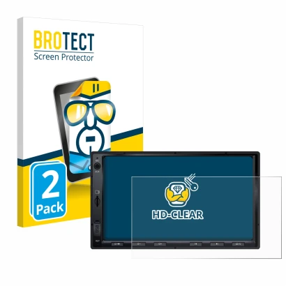 Front side of a product packaging with the brand logo BROTECT. Next to it is the device Atoto F7 WE shown with the correspondi